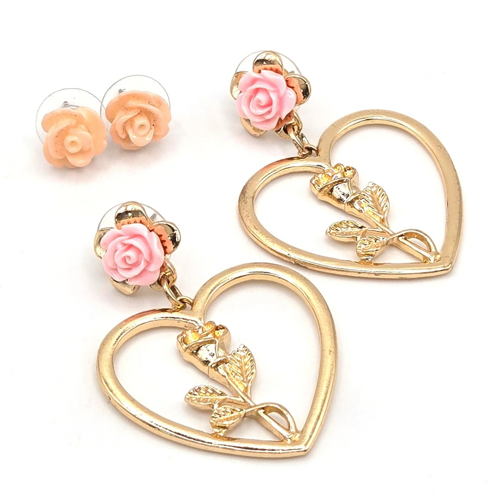 Gold Tone Rose Heart Drop and Stud Earring Set Pink Peach Resin Floral 2 Pairs